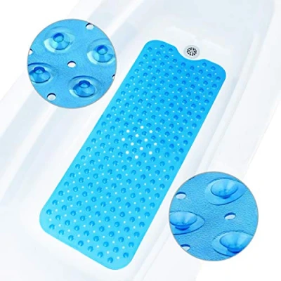 Afbeelding van Douchemat, 100 x 40 cm Extra Lange Badmat Antislip met 200 Sterk Zuignappen en Afvoergaten, Antibacterieel Machinewasbaar Schimmelbestendig Badkamermat, Badkuipmat voor Kinderen, Ouderen Blauw