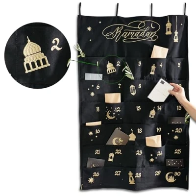 Afbeelding van Papierdrachen Ramadan kalender van stof om te vullen, zwart, premium geborduurd, stoffen tas, katoen, herbruikbaar, set 6