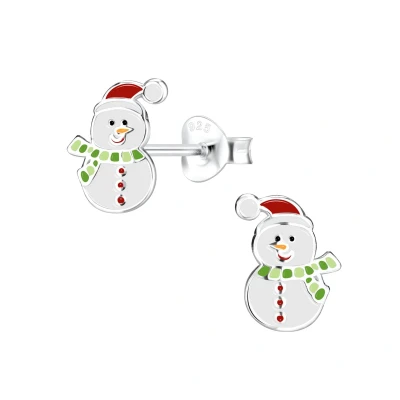 Afbeelding van Zilveren sneeuwman kinder oorstekers sneeuwpop oorknopjes groen kerst winter oorbellen Meisje Zilver Zilverana Sterling 925 Silver