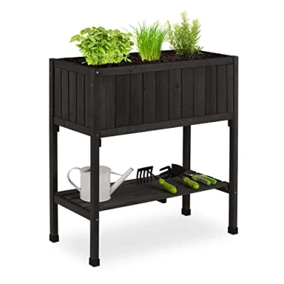Afbeelding van Relaxdays Verhoogde bloembak, folie, plank, 80 x 74 38 cm (h b d), tuin, balkon en terras, plantentafel, dennenhout, zwart