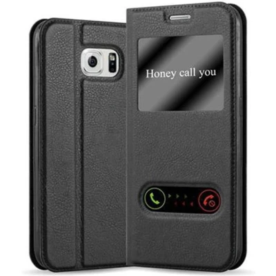 Afbeelding van Cadorabo Hoesje geschikt voor Samsung Galaxy S6 in KOMEET ZWART Beschermhoes met magnetische sluiting, standfunctie en 2 kijkvensters Book Case Cover Etui