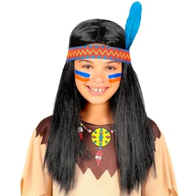 Afbeelding van WIDMANN Indianen pruik met haarband en blauwe veer voor kinderen