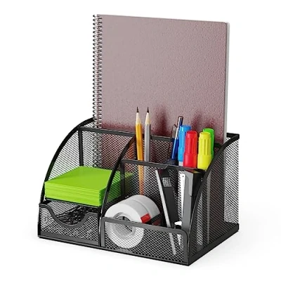 Afbeelding van bureau organizer en pennenhouder met lade 6 vakken van zwart metaalgaas, ruimtebesparende voor potloden, plaknotities, paperclips nietmachines