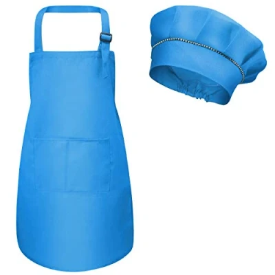 Afbeelding van Fodlon Schort en koksmuts voor kinderen, verstelbaar, met zakken, jongens meisjes, koken, bakken, schilderen, knutselen, maat M 3 tot 6 jaar, blauw