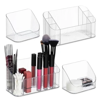 Afbeelding van Relaxdays make up organizer set van 2 transparante kaptafel kwastenhouder