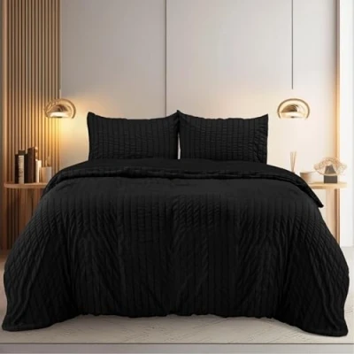 Afbeelding van Utopia Bedding Seersucker dekbedovertrekset microvezel polyester dekbedovertrek 200 x cm + 2 kussenslopen 50 75 zwart