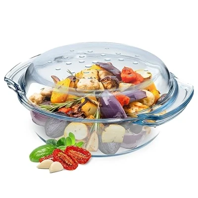 Afbeelding van KADAX Ovenschaal van hittebestendig glas, vuurvast glazen braadpan met deksel en handgrepen, servies om te braden, oven, elektrisch fornuis, voor lasagne, vlees, transparant (rond, 2,4 liter)