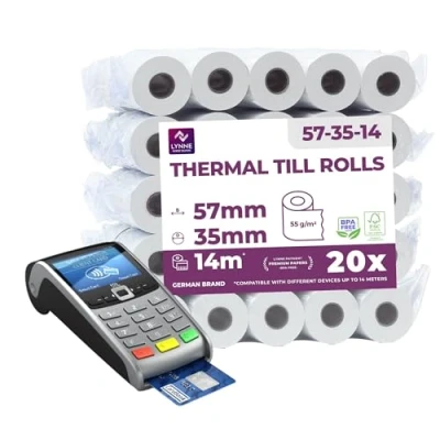 Afbeelding van Tpe rol 57 mm x 14 m 12 rollen voor bankkaarten spoel thermisch papier 35 cm, BPA vrij (20 spoelen)