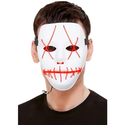 Afbeelding van Smiffys Stitch Face Neon Red Light Up Masker Wit
