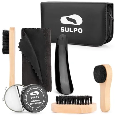 Afbeelding van SULPO 7 in 1 schoenborstelset, leren schoenverzorging, reisborstelset, eco lederen schoenpoetsset, 2 schoenlakken, Neutraal