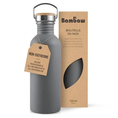 Afbeelding van Bambaw® Waterfles 750 ml Enkelwandige drinkfles RVS Niet Geïsoleerd Lekvrij, en Plasticvrij met Bamboe Dop Drinkbus Volwassenen Perfect voor Reizen, Werk, Yoga, Wandelen Dagelijks Gebruik Drinkflessen donkergrijs