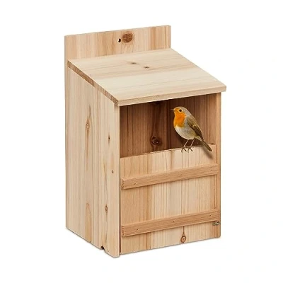 Afbeelding van Relaxdays nestkast halfopen hout roodborstjes vogelhuis halfholenbroeder broedkast