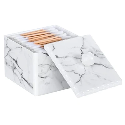 Afbeelding van Q Tips Wattenstaafjes opbergdoos, cosmetica organizer, opbergdoos met deksel, PS kleine oorstaafjes, dispenser, badkamer, make uptafel, doos voor wattenballen, upsponzen, marmer, wit