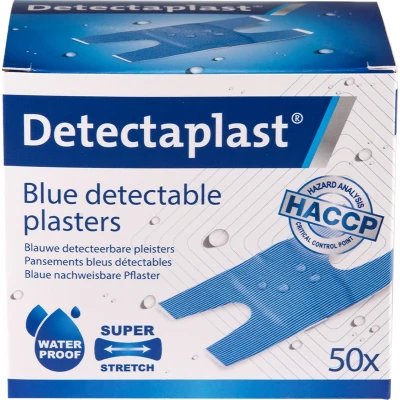 Afbeelding van Detectaplast blauwe knokkel pleisters Premium, metaaldetecteerbare, waterdichte en vuilwerende sensitive, voor de voedingsindustrie, catering grootkeuken, 68 x 38 mm (knokkel), 50 stuks