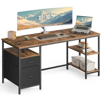 Afbeelding van VASAGLE Computerbureau, bureau, schrijftafel, 3 planken, 2 laden, 60 x 160 76 cm, voor kantoor, woonkamer, industriële stijl, vintage bruin en zwart LWD105K01