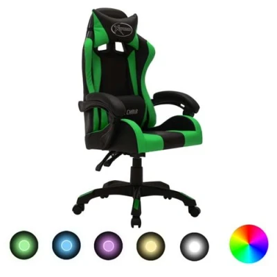 Afbeelding van Racestoel met RGB LED verlichting kunstleer groen en zwart