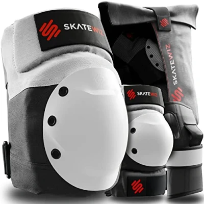 Afbeelding van SKATEWIZ Inlineskates voor volwassenen, beschermers, inlineskates, kniebeschermers, skateboardbeschermingsuitrusting, Shield, maat M/L in grijs/wit