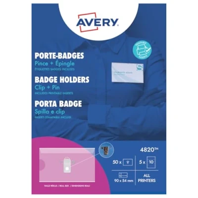 Afbeelding van AVERY Doos met 50 combi badgehouders + pin van transparant zacht kunststof, bedrukbare inzetstukken, formaat 90 x 54 mm, laser/inkjetdruk, (4820)