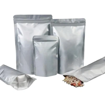 Afbeelding van Rimiko 50 stuks aluminium voedselzakken, staand, hersluitbare en thermisch verzegelde zakken, luchtdicht, ondoorzichtig, voor het bewaren van levensmiddelen, snoep, koffiebonen (zilver, 14 x 22 cm)