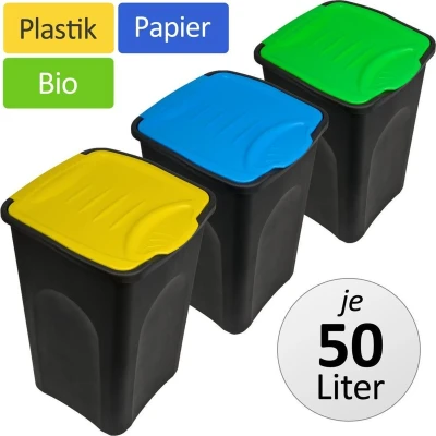Afbeelding van Stefanplast® 3X 50L Set afvalemmer met klapdeksel 56 x 37 39 cm prullenbak afvalscheidingssysteem