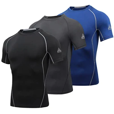 Afbeelding van AMZSPORT Compressieshirt met korte mouwen voor heren, sport, sneldrogend, Baselayer top, nieuwe generatie, 3 Pakketten: Zwart+Grijs+Blauw