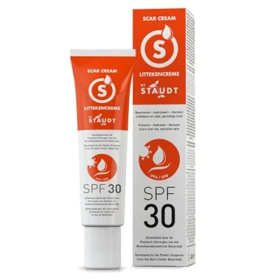 Afbeelding van Staudt Premium Cicatricielle Crème met SPF30, siliconengel voor chirurgische en oude littekens, hydraterende formule honing jojoba, reparatie van de huidbarrière, UV bescherming, 40 ml