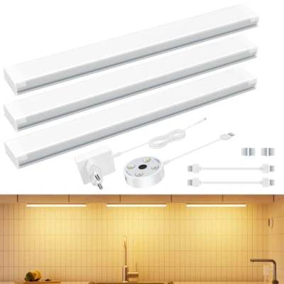 Afbeelding van HighLuc Dimbare kastlamp, 3 x 30 cm, led strip, keuken, kastlamp met instelbare helderheid, 5 kleuren, ledlicht stekker voor verlichting, kast, trap, keuken