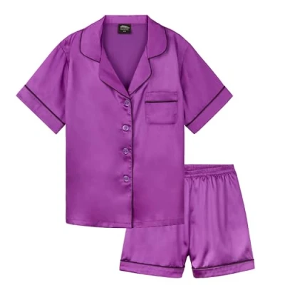 Afbeelding van CityComfort Zomerpyjama voor meisjes, pyjamaset kinderen, satijn, 2 delig, knoopsluiting vooraan, 7 16 jaar, Paars.