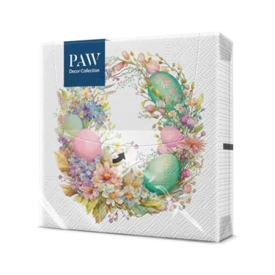 Afbeelding van PAW Papieren servetten, 3 laags (33 x 33 cm), 20 stuks, perfect voor Pasen, feesten, lente en vieringen, tafelservetten, kleurrijk, paaskrans
