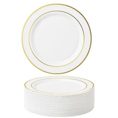 Afbeelding van MATANA 25 Witte Feestbordjes, Dinerborden met Gouden Rand voor Bruiloften, Verjaardagen, Dopen, Kerstmis (Kunststof, 26cm) Vaatwasserbestendig &amp; Herbruikbaar
