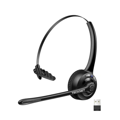Afbeelding van TECKNET Bluetooth hoofdtelefoon met microfoon en USB dongle, draadloze pc hoofdtelefoon, ruisonderdrukking handsfree voor computer, callcenter, telefoonconferenties, superlicht, ultralicht