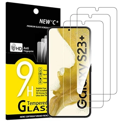 Afbeelding van NEW&#039;C Display beschermfolie van gehard glas voor Samsung Galaxy S23 Plus / S23+, krasbestendig, zonder luchtbellen, extreem robuust (0,26 mm HD ultra transparant), hardheid 9H, 3 stuks