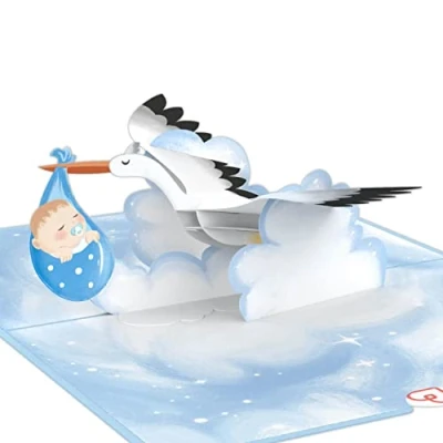 Afbeelding van papercrush® Pop up kaart voor babyjongens, 3D geboortekaart of geldcadeau, wenskaart de geboorte van een jongen, handgemaakte cadeaukaart met ooievaar