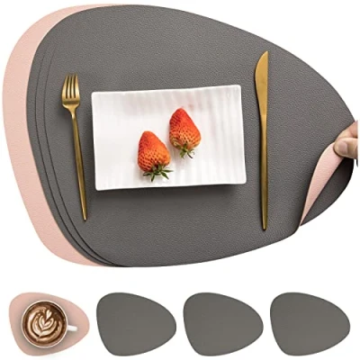 Afbeelding van Myir JUN placemat en onderzetter van leer, antislip placemat, dubbelzijdig, wasbaar, onderzetter, kunststof (set 4 stuks, grijs/roze)