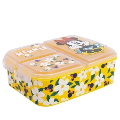 Afbeelding van Minnie Mouse Broodtrommel Kind 3 vaks Lunchbox 900 ml BPA vrij Stevig &amp; Lekvrij Gele Bloemenprint Disney Design