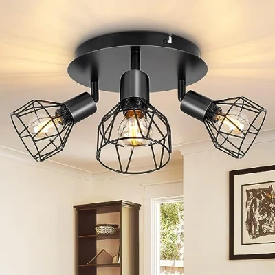 Afbeelding van Dehobo plafondlamp, spots, draaibaar, zwart, spot, met E14 fitting, 3 plafondspots, voor binnen, keuken, slaapkamer, woonkamer, max. 40 W zonder lampen