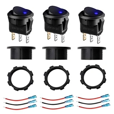 Afbeelding van Be In Your Mind Set van 3 ronde tuimelschakelaars 12 24 V 20 A met blauw ledlicht, polige aan/uit bedieningsknop 9 aansluitkabels voor auto, caravan, vrachtwagen, boot