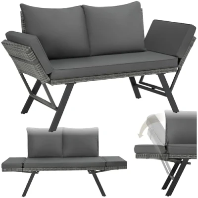 Afbeelding van tectake® 2 in 1 Wicker Tuinbank Sintra Verstelbare Leuningen Tuinset Ligbed Balkon Loungebank Incl. Kussens Outdoor Loungesofa UV en Weerbestendig Zonnebed Grijs