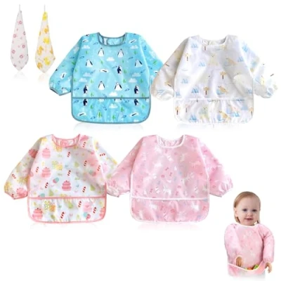 Afbeelding van slabbetjes voor baby&#039;s, 6 stuks met lange mouwen 2 handdoeken, waterdicht slabbetje, slabbetje jongens, meisjes, elastische slabbetjes, babyschort om te eten