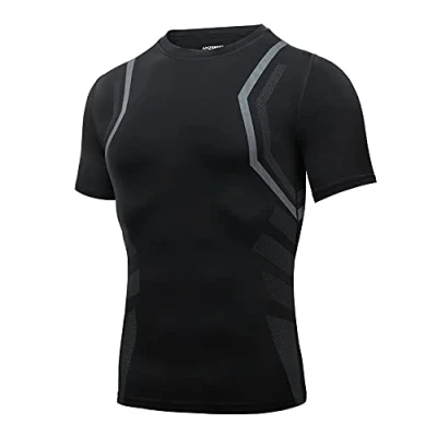 Afbeelding van AMZSPORT Compressieshirt voor heren, korte mouwen, basislaag, sneldrogend, loopshirt, 112009 zwart