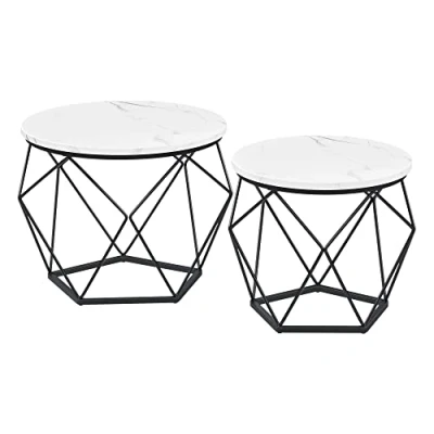 Afbeelding van VASAGLE Ronde Salontafel, Set van 2, Bijzettafel, Sofa End, Moderne Stijl, Afneembaar Bovenblad, Stalen Frame, voor Woonkamer, Wit en Zwart LET040B59