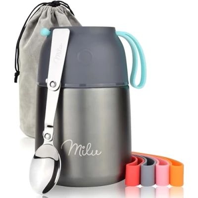 Afbeelding van Logeeyar Thermo voedselcontainer, geïsoleerd, 450 ml 650 800 warme maaltijd, van roestvrij staal, dubbellaags, voor school, kantoor met een opvouwbare lepel (450 ml/grijs)
