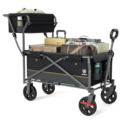 Afbeelding van EVER ADVANCED chariot pliable à pousser et tirer avec frein, panier provisions, porte boissons, poche latérale, de plage jusqu&#039;à 100 kg, transport pour camping,