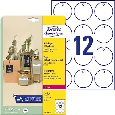Afbeelding van Avery Zweckform T3004 10 Labels Ø 60 mm Polyester Wit 120 stuk(s) Niet hechtend Laser (kleur), (zwart/wit)