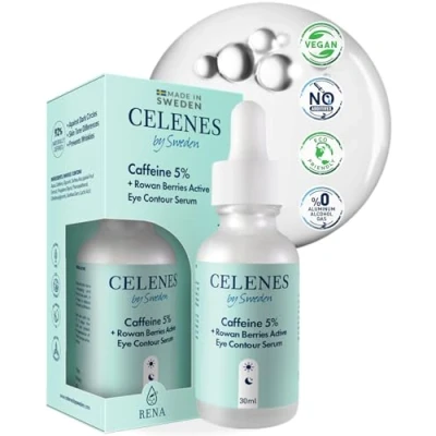Afbeelding van Celenes by Sweden Gezichtsserum oogcontour antioxidant 30 ml 5% cafeïne + lijsterbes, verlicht &amp; serum tegen donkere kringen voor mannen en vrouwen, zonder alcohol parabenen, hydraterend