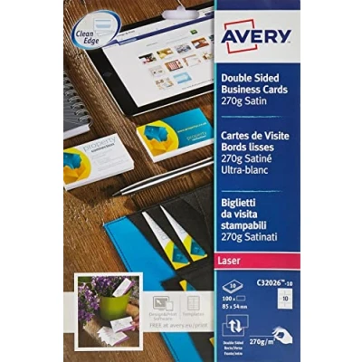 Afbeelding van AVERY Zak met 100 visitekaartjes gladde randen, aan beide zijden bedrukbaar, van gesatineerd wit karton 270 g/m², formaat 85 x 54 mm, laserdruk, (C32026 10)