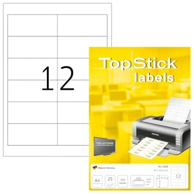 Afbeelding van TopStick 8406 Universele etiketten A4 (96,5 x 42,3 mm, 800 vellen, papier, mat) zelfklevend, bedrukbaar, permanent adreslabel, 9600 zelfklevende etiketten, wit
