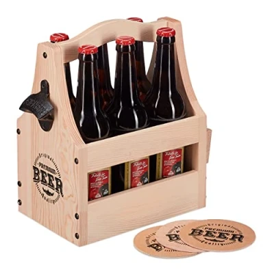 Afbeelding van Relaxdays bierdrager bierhouder 6 flessen met flesopener biertray houten bierkrat