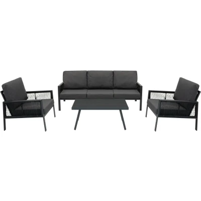 Afbeelding van Tuin Aluminium 5 Zits Meubilair Loungeset Grijs, 4 Stuk, Buiten, Terras, Lounge, 3 bank, 2x Fauteuils, Salontafel, Weerbestendig, Dikke Kussens, Wasbare Waterdichte Regenhoes, Rotan Vervanger