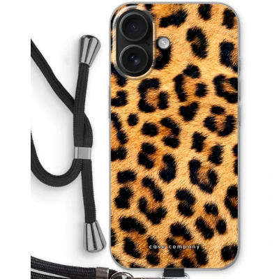 Afbeelding van Case Company® hoesje met Koord geschikt voor iPhone 16 Luipaard Telefoonhoesje Zwart Bescherming aan alle Kanten en Over de Schermrand